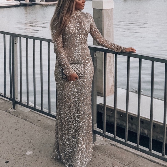 Parker Black Sequin Leandra Gown in Silver & Nude - Picture 3 of 8